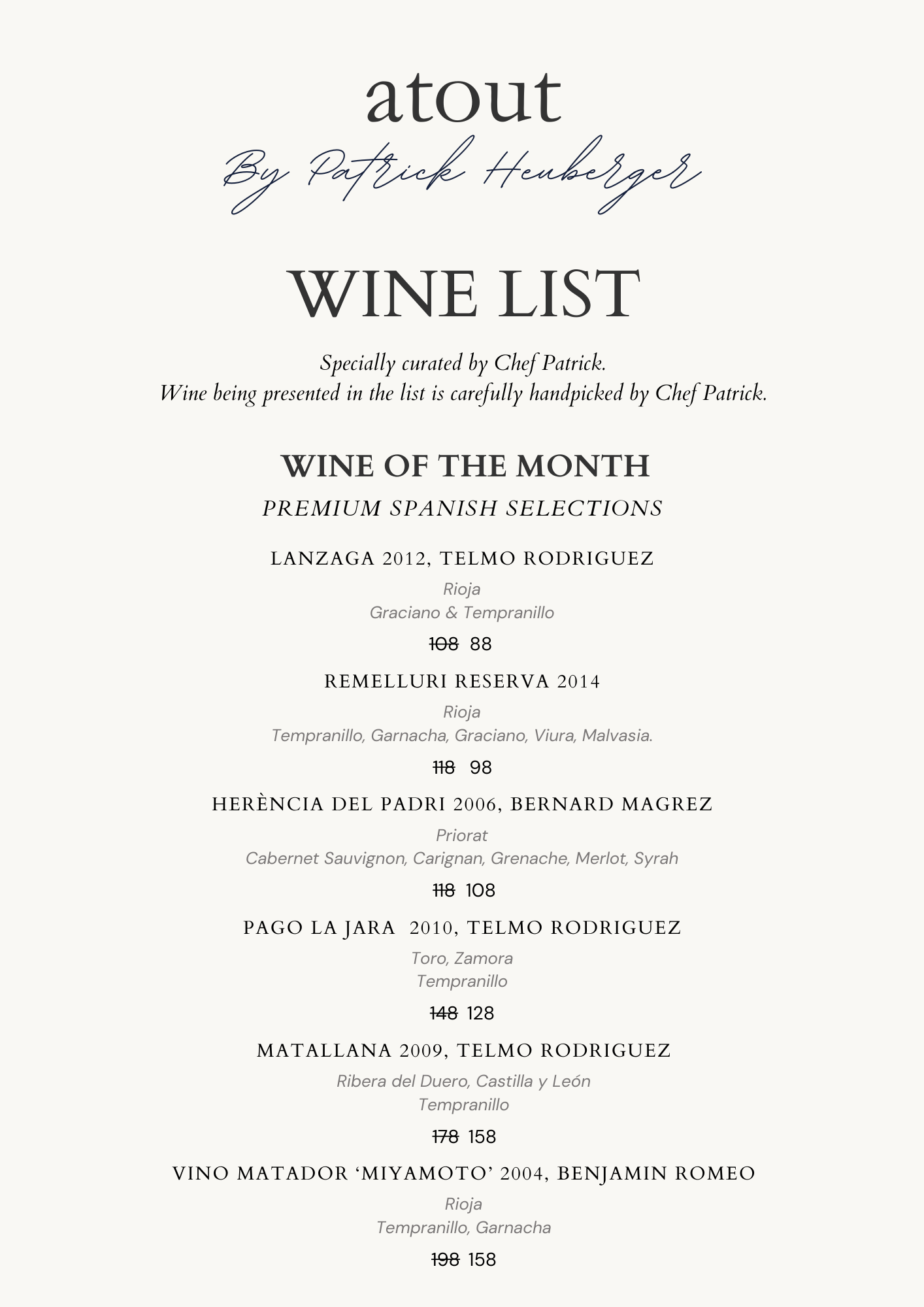 Wines List Atout Restaurant